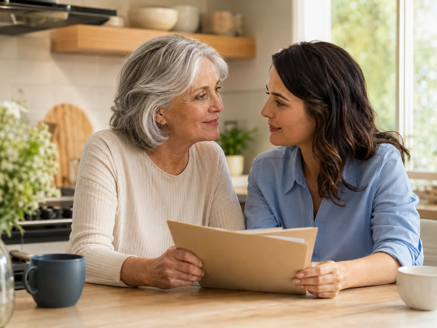 A mother and daughter having a reassuring conversation at home